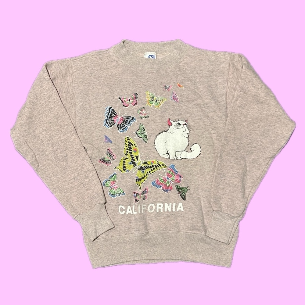 Vintage 90s Ultra Sweats California Cat and Butterflies Graphic Crewneck - S